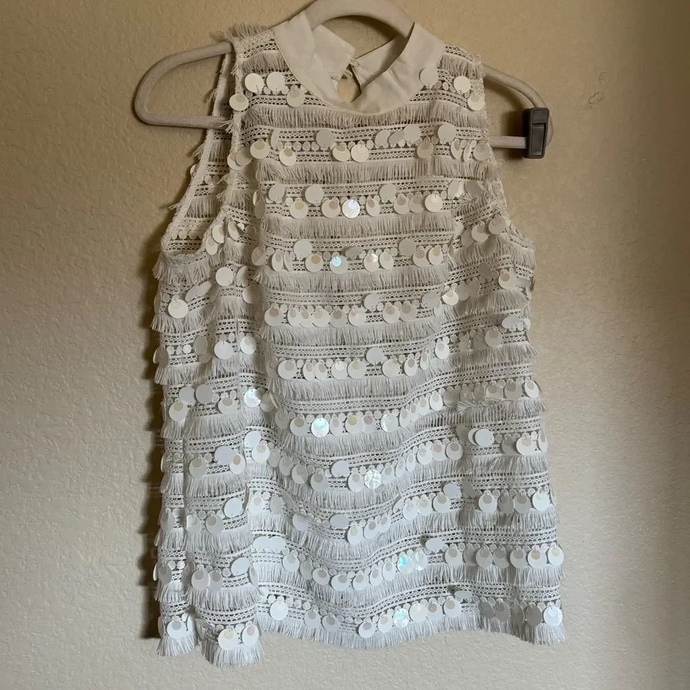 Boston Proper Fringe Sequin Two Piece Skirt Set‎ Sz 10 Cream